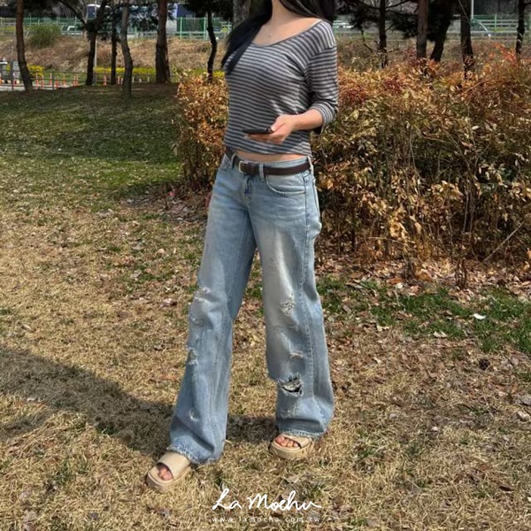 刷破洗色直筒牛仔褲